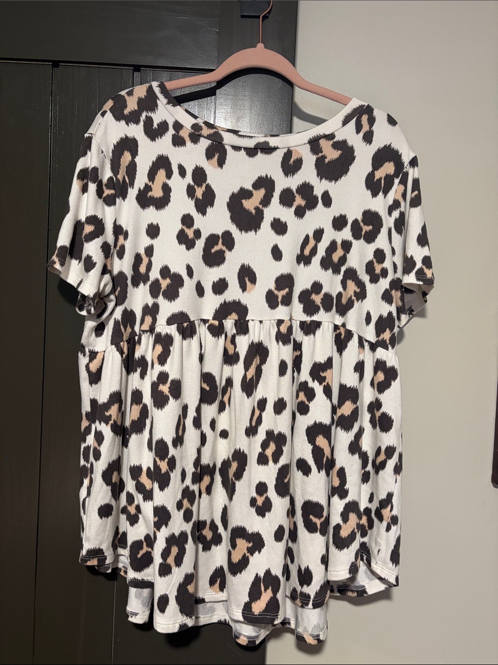 Leopard Print Short Sleeve Babydoll Top - Cream and Brown